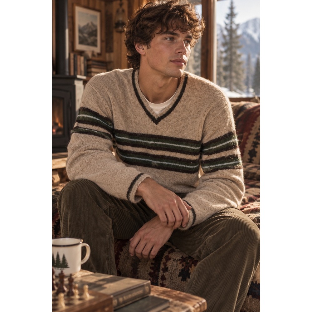 One Step Up Knitwear Mens Large Shetland Wool V-Neck Striped Sweater Beige Green